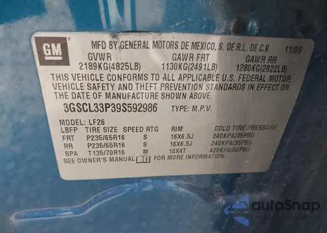 2009 Saturn Vue 4-Cyl Xe z USA, uszkodzony, nr VIN 3GSCL33P39S592986